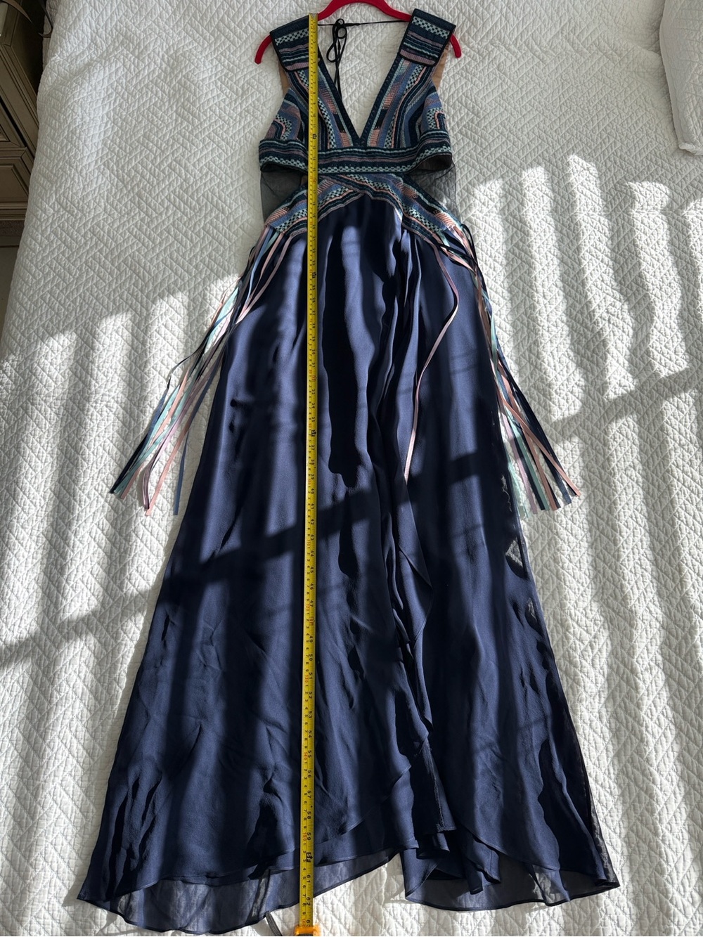 BCBGMaxAzria Elva Navy Blue Embroidered Cutout Maxi Dress Runway Size 10 - Picture 15 of 17